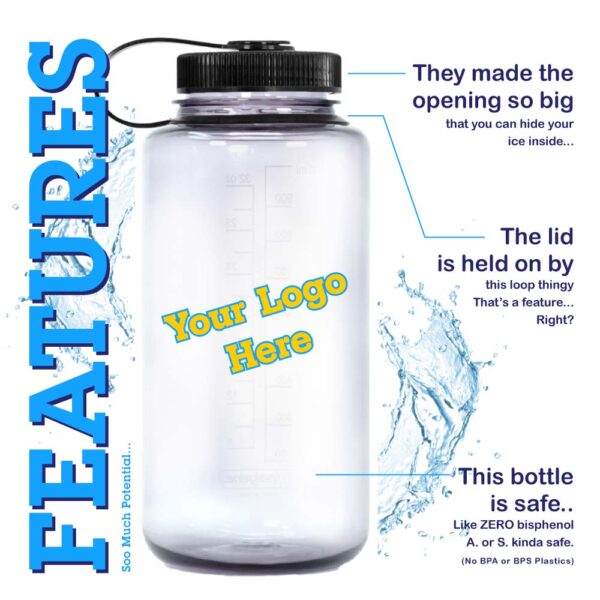 Image outlining the features of our Nalgene bottles: big mouth opening, lid held on by a secure strap, and a bottle that is made out of safe materials.